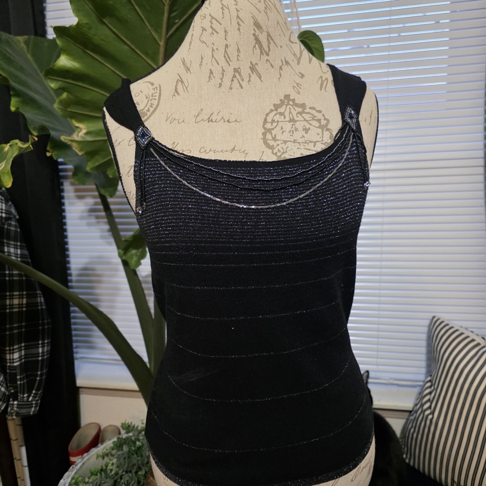 Bandolino Vintage Y2K Black Sleeveless Top Shimmer And Beaded Details